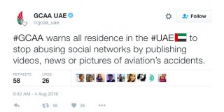 tweet of the UAE GCAA about Emirates crash